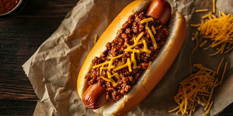 Wall Mural - Close-up of a chili dog with chili and cheese