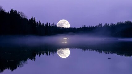 Wall Mural - Full moon is rising over a lake, reflecting on the calm water surface. The fog is giving the image a mysterious and fantasy atmosphere