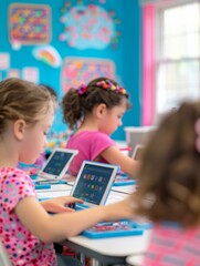 Poster - Diverse Elementary Classroom With Young Girls Using Tablets and Laptops for Interactive Learning on a Dynamic and Modern Educational Approach