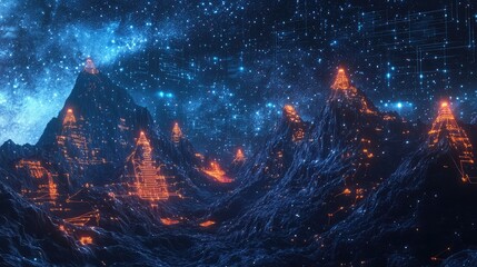 A computer-generated mountain vista with glowing circuit peaks, under a starry sky filled with streaming data and illuminated digital constellations