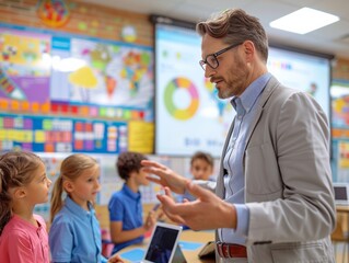 Poster - Male Teacher Engaging with Young Students on Interactive Whiteboard in Modern Classroom, Daytime, Bright, Collaborative Learning with Digital Devices