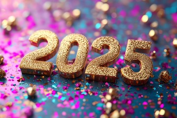 New Year 2025 Yellow gold confetti. flat color background, word art