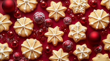 Snowflake-shaped cookies, decorated with white icing, arranged on a red background with festive red ornaments, perfect for Christmas and holiday-themed displays and designs.