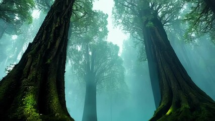 Poster - Sunbeams shining through the canopy of a mystical forest illuminating the low fog which is swirling between the massive trees covered by moss