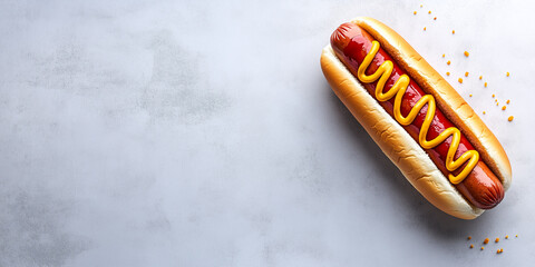 Wall Mural - Single hot dog with mustard and ketchup drizzled on top