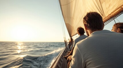 A group of people leisurely sailing on a boat during a picturesque sunset, capturing the serenity, camaraderie, and adventure of being on the open water at dusk.