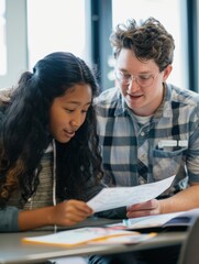 Poster - Engaged Female Student and Supportive Male Teacher Collaborating on Project in Well-Lit Classroom, Daytime, Positive and Candid Learning Experience