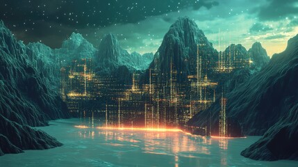 A fantasy scene where mountains are constructed from computer parts and illuminated by digital lights, creating a futuristic vista