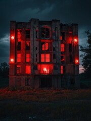 Wall Mural - Red lights illuminating an abandoned building, creating a dramatic effect.