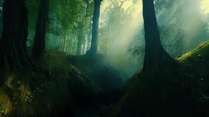 Wall Mural - Sunbeams piercing through fog in a mysterious forest with lush vegetation, creating a magical and enchanting atmosphere