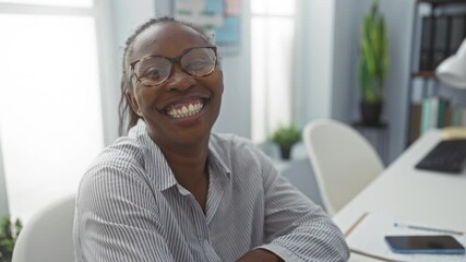 Sticker - Woman, african, american, adult, smiling, glasses, sitting, desk, workspace, office