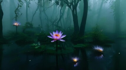 Wall Mural - Glowing water lilies bloom in a dark forest at night, creating a magical atmosphere with reflections in the water and misty trees