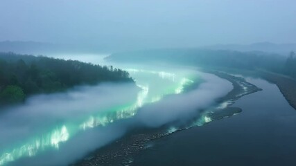 Wall Mural - twilight descends, thick fog envelops the river turning it green, creating a mystical, surreal scene