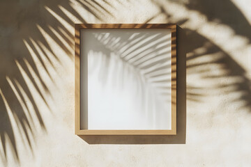 Blank wooden picture frame mockup hanging. Shadows of palm leaves on beige limestone wall in sunlight. Abstract natural background, poster background. Grunge texture backdrop. Floral shadows overlay.