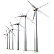 © Jahan Mirovi - A row of five wind turbines stand tall against a white background, their blades frozen in mid-rotation, capturing the power of the wind to generate clean energy
