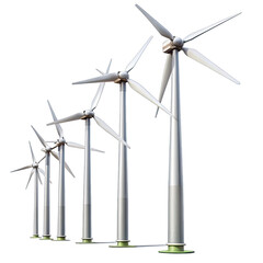 a row of five wind turbines stand tall against a white background, their blades frozen in mid-rotati