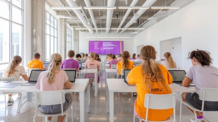Aufkleber - Diverse Group of Students Collaborating with Laptops in Modern, Brightly Lit Classroom Focused on Integrative and Interactive Learning