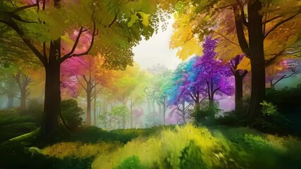 Wall Mural - Golden sunlight is shining through the trees of a colorful and vibrant fantasy forest. This magical forest is full of colorful trees and lush vegetation