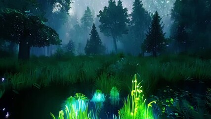 Wall Mural - Fantasy forest glowing under a starry sky, with lush green grass and tall trees shrouded in mist, creating a mysterious and magical atmosphere