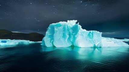 Canvas Print - Giant turquoise iceberg is serenely floating on calm water at night, with a starry sky and a dark mountainous coastline in the background. The scene evokes a sense of peace and wonder