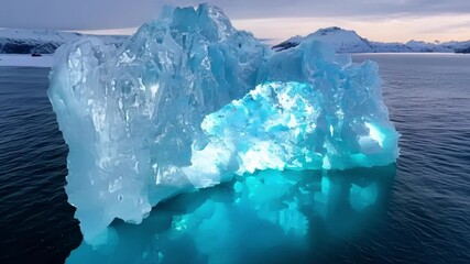 Sticker - Iceberg is floating in arctic waters, glowing with an otherworldly blue light, while the setting sun casts a warm glow on the snow capped mountains in the distance