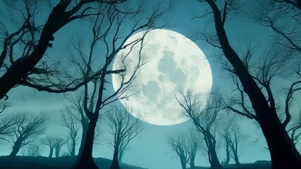 Wall Mural - The full moon glows over a spooky forest with bare trees, creating an eerie atmosphere perfect for halloween backgrounds. Moonlight shines through branches in a creepy, foggy environment