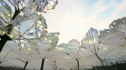 Wall Mural - Captivating crystal trees glisten in sunlight, casting a surreal, magical aura. Transparent branches reflect light, creating a dreamlike atmosphere in a contemporary outdoor art installation