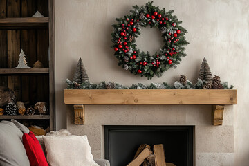 Christmas wreath on a wall and fireplace with candles