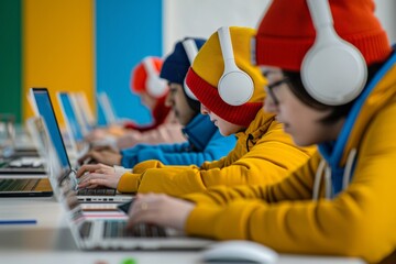 Poster - Diverse College Students in Modern Online Learning Session Using Laptops and Headphones, Focusing on Flexibility and Technology