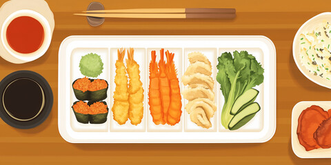 Wall Mural - Assortment of tempura vegetables and seafood on a rectangular plate with sauce