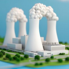 A modern power plant featuring cooling towers emitting steam against a blue sky, showcasing energy production technology.