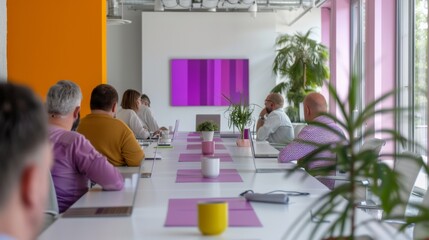 Poster - Corporate Training Session with Diverse Employees Engaged in Digital Group Activities at a Modern Office, Morning, Collaborative and Interactive Professional Development