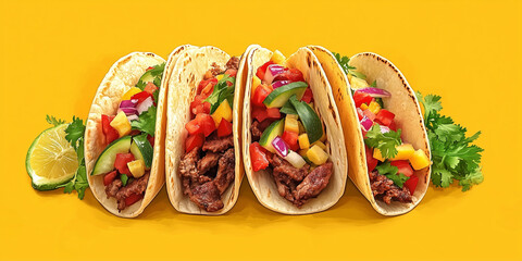 Three soft tacos arranged side by side with a mix of vegetables and meat