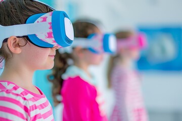 Poster - Children Engaged in Collaborative Learning with VR Headsets in a Modern Classroom, Guided by Teacher, Daytime, Bright and Futuristic Atmosphere