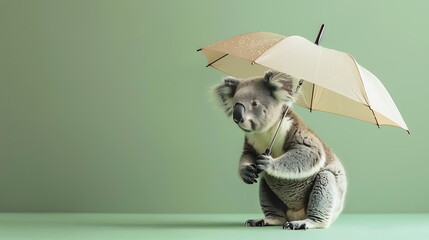 Small umbrella wielding baby koala isolated on a minimalist plain background