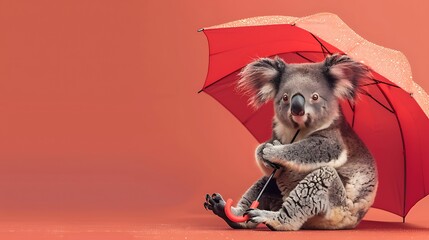 Small umbrella wielding baby koala isolated on a minimalist plain background