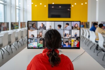 Poster - Diverse Teen Students in Collaborative Learning Video Conference in Modern Classroom, Engaging in Global Tech-Driven Teamwork, Daytime