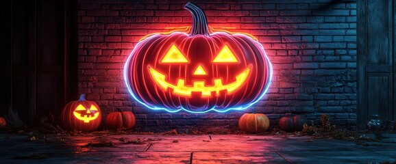 Illuminated Jack-o'-Lantern with Glowing Eyes on Brick Wall.