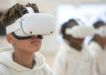 Poster - Diverse Young Students Engaged in AR/VR Collaborative Learning Project, Daytime Academic Setting, Focused and Innovative Mood with Modern Technology