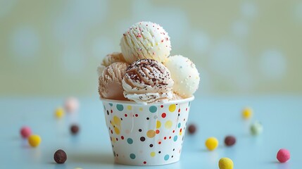 Wall Mural - Snow ice cream in snowballs and ice cream balls are arranged in a cup together