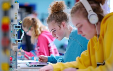 Poster - Collaborative Learning Teen Girls Engaged in a Robotics Project in a High-Tech Classroom, Midday, Focused and Supportive Atmosphere