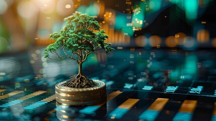 A miniature tree growing on a stack of gold coins, representing financial growth and sustainability.