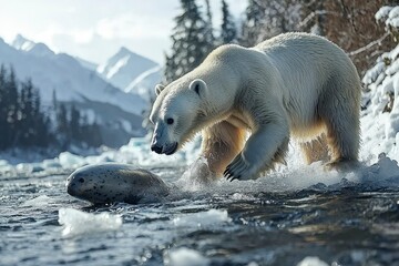 Sticker - Polar Bear Hunting a Seal in a Frozen River