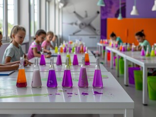 Poster - Young Female and Male Students Engaged in Hands-On Science Experiment in a Modern Classroom, Midday, Energetic and Collaborative Environment with Bright Classroom Décor
