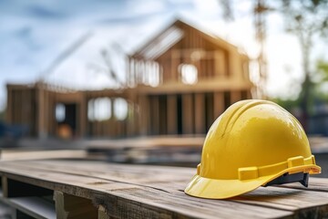 Yellow safety helmet on table with blurred house under construction background
