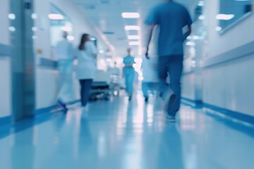 blurred hospital corridor with people walking and medical staff working in the background, blurred b