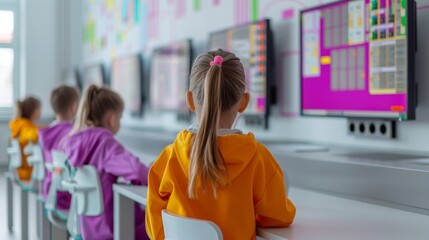 Leinwandbilder - Young Female Students Utilizing AI Tools in a Futuristic Classroom with Bright Lighting, Morning, Educational and Innovative Atmosphere