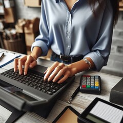 cashier’s hands zoom in on her hands typing on the register w