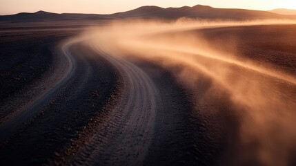 A dusty country road winds its way through a barren desert landscape, fading into the distance under a warm, golden sunset, highlighting the solitude and vastness of nature.