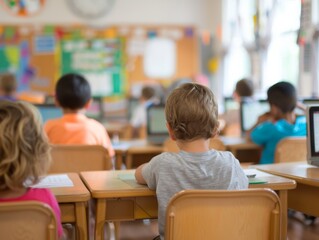 Poster - Diverse Young Students Immersed in Classroom Learning Activities with Laptops and Books in a Dynamic, Daytime School Environment